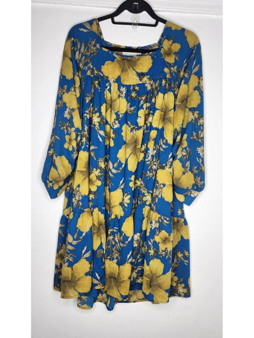 Happy Nature Dress Womens Medium Blue Yellow Floral Tiered Babydoll Boho Tunic